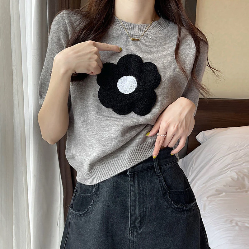 Rimocy 2024 Summer Flower Embroidery T Shirt Women Korean Style Short Sleeve Knitted T-Shirt Woman All Match Round Neck Tee Tops