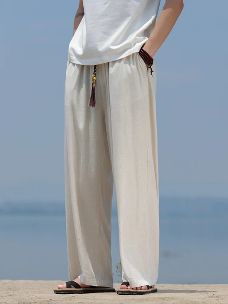 

Новые китайские мужские летние тонкие хлопково-льняные брюки свободного кроя с широкими штанинами, прямые, длинные, дышащие, повседневные