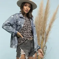 New Style Denim Jacket Women's Old Ripped Star Loose Jacket American and European Women's Jacket