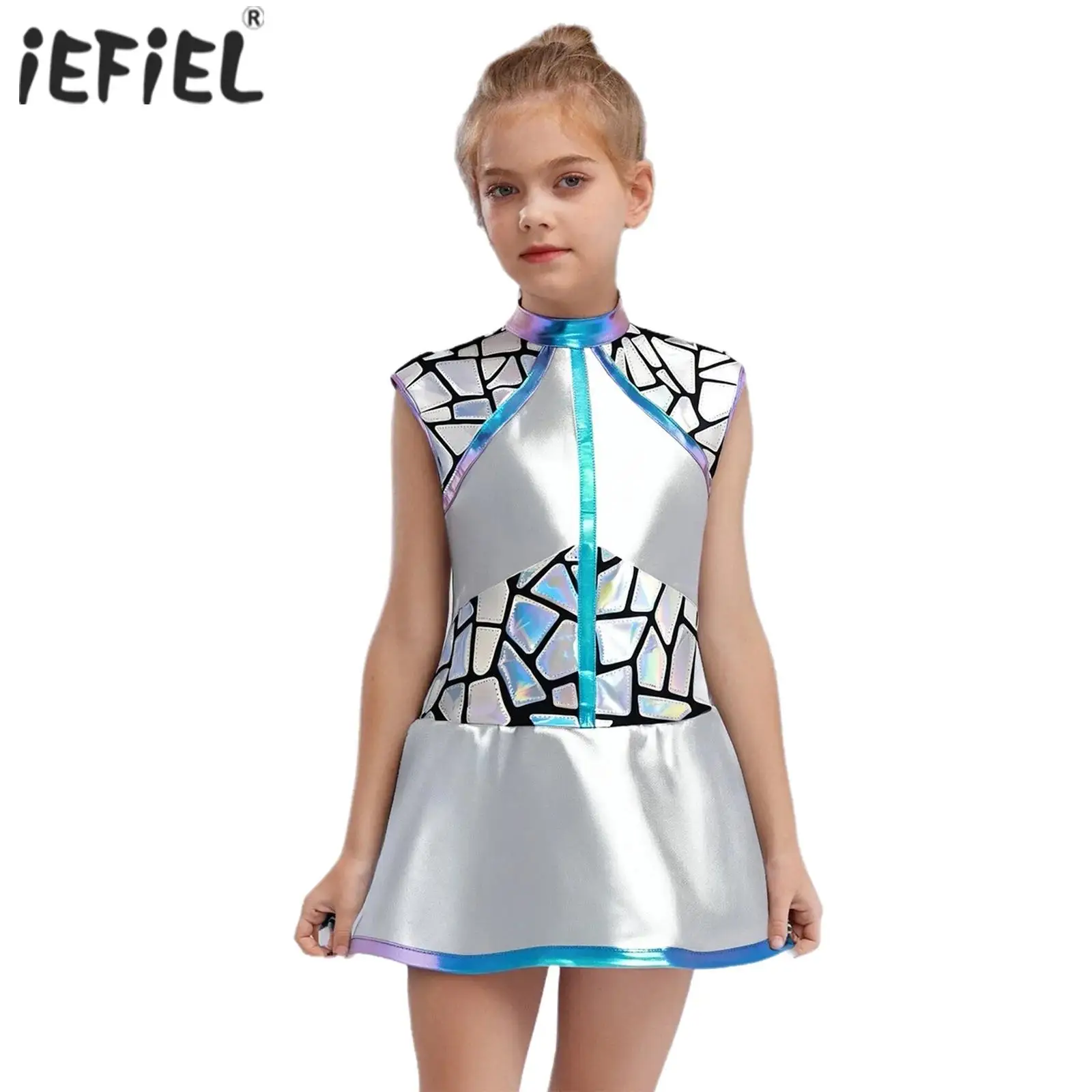 

Kids Girls Shiny Metallic Alien Robot Cosplay Costume Outer Space Cutie Dress Anime Halloween Costume Back Zip Sequins Dress