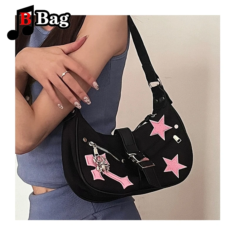 Pink Cross Pattern Bag Versatile Daily One Shoulder Tote woman Spice Girl Gothic Punk Millennium y2k Underarm Handbag