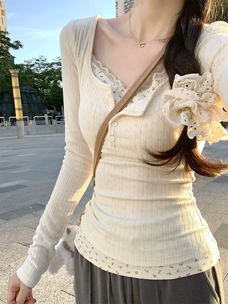 Floral Patchwork Langarm T-shirt Falsche Zwei-stück Spitze Frauen Top 2025, Frühling Abnehmen T-shirt Mode Koreanischen Stil Kleidung – Detail 9