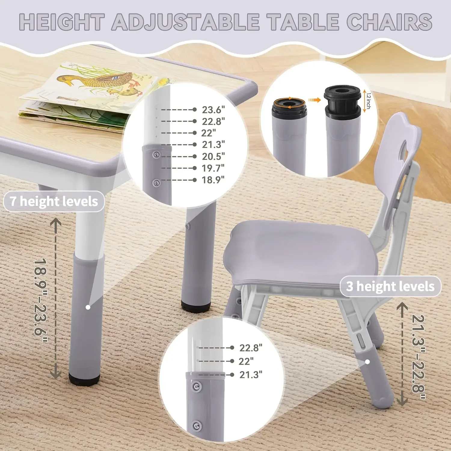 Study Table and Chairs Set, Height Adjustable Toddler Table and Chair Set for Kids Ages 3-8, 31.5