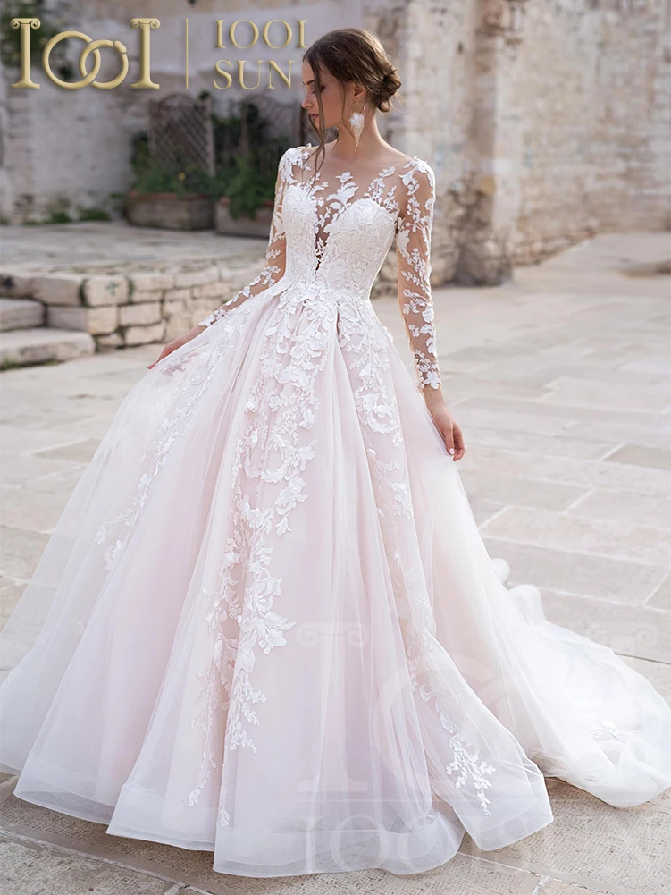 Iwing ISUN-Robe de mariée princesse rose à manches longues, robe de Rh, appliques en dentelle, col rond, bouton, train royal, mariée, quel que soit personnalisé