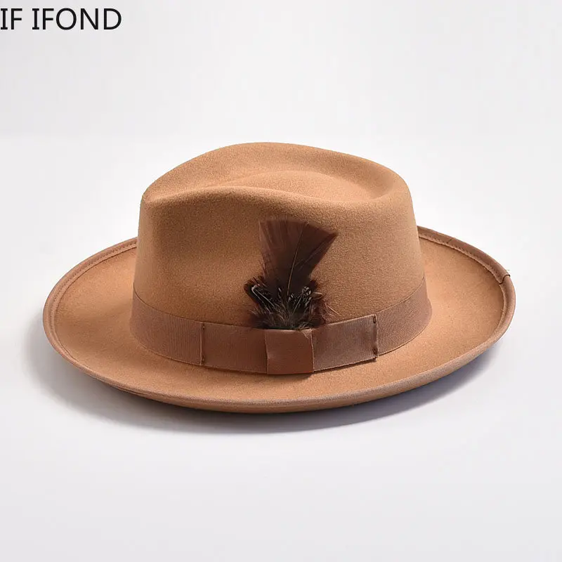 Cappello Fedora in feltro con piume fatte a mano cappelli Vintage da uomo Panama Trilby berretto da sera con tesa curva da gentiluomo