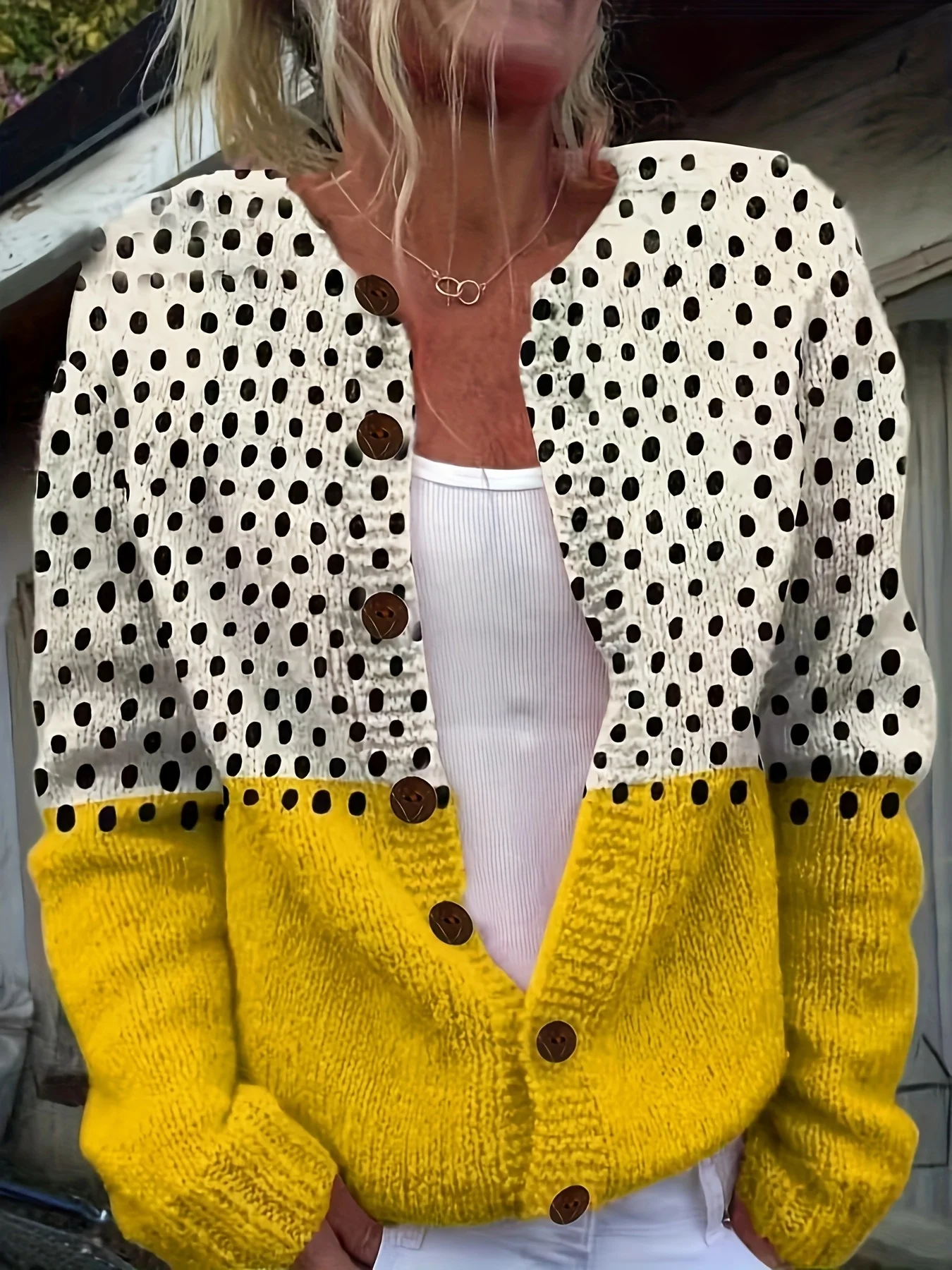 Ladies' Fashionable Yellow White Polka Dot Cardigan Round Neck, Button Knit Sweater, Gradient Design, Long Sleeves, Glossy