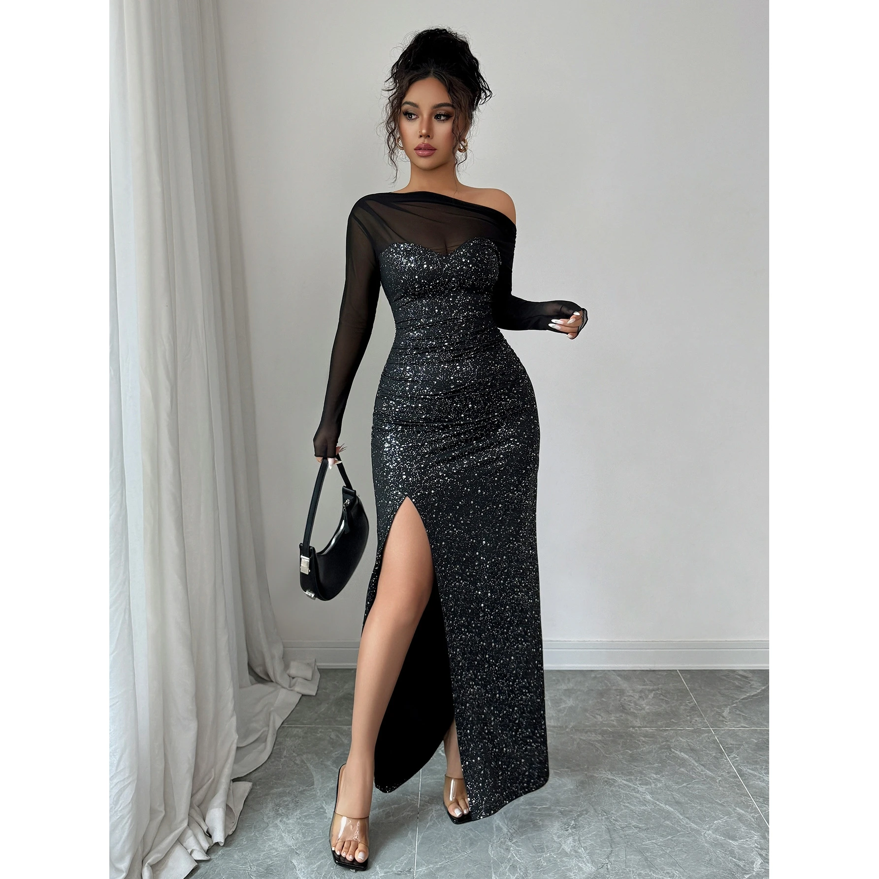 Ele Long Sve Maxi Dr Robe Femme Ele Sle Wrap Ne Design Taille Haute Tissu Satin pour Date Ocn