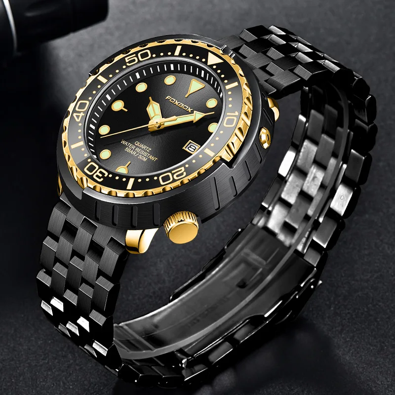 Mens Watches 5ATM Sports Waterproof Quartz Wristwatch Luminous Clock with Steel Bezel Watch for Men Relogio Masculino+Box