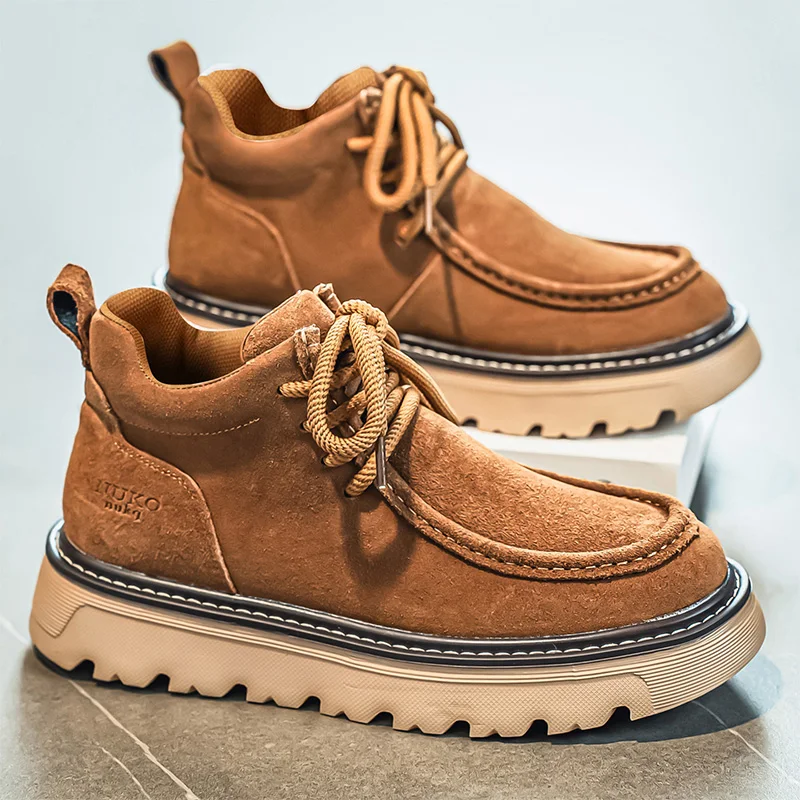 

2025 New Mens Chunky Derby Work Boots Retro Lace-Up Suede Shoes Thick Sole Breathable Low-Top Industrial Casual Footwear for Men