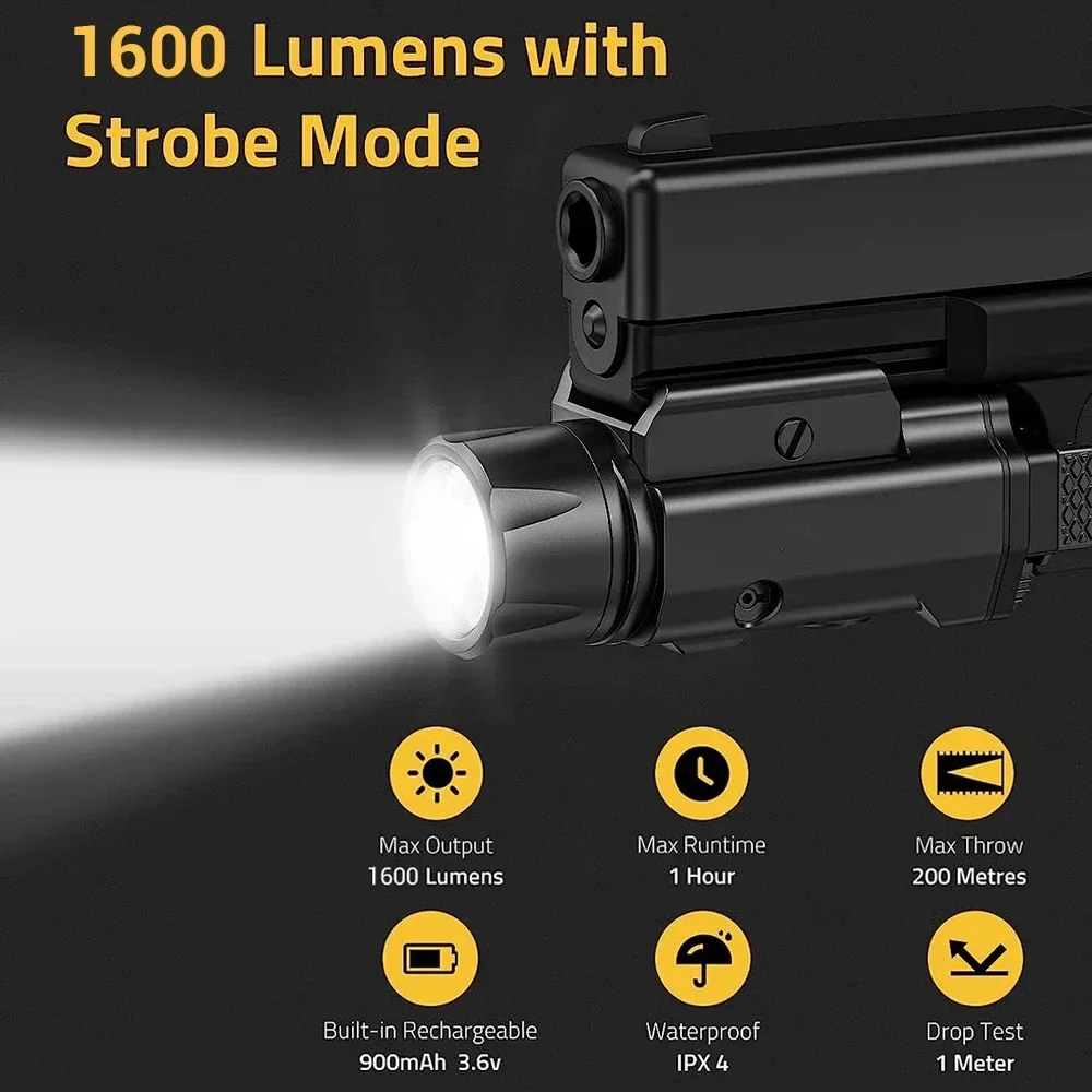 1600 Lumens LED Weapon Light Adjustable 3 Modes Pistol Gun Light Magnetic Rechargeable LED Strobe Lamp Compact Gun Flashlight