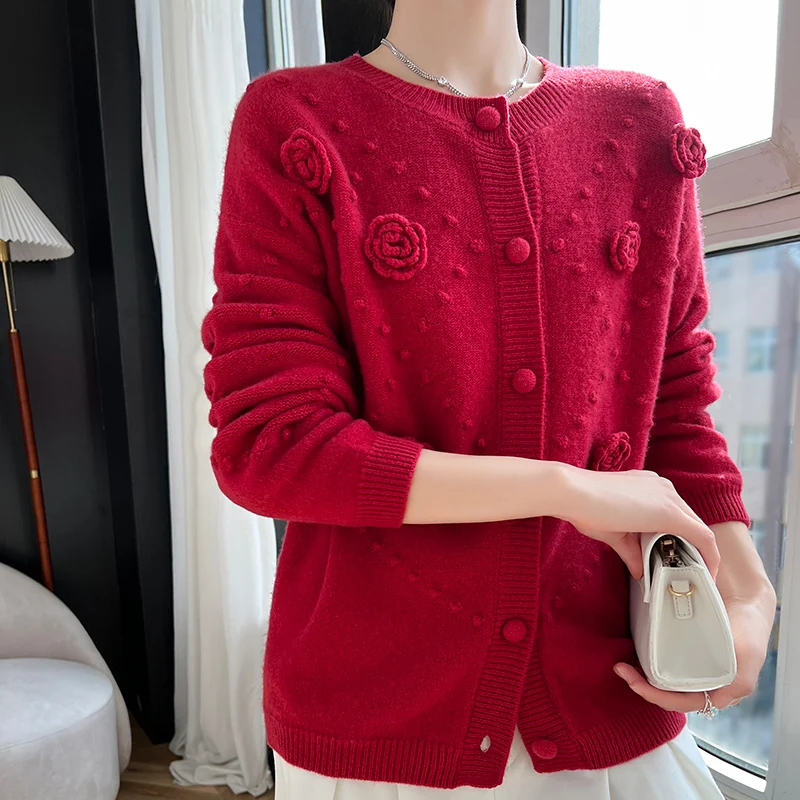 Camellia wool cashmere sweater knit cardigan women\'s round neck autumn and winter 2023 new drum loose pure wool top Hot fashion