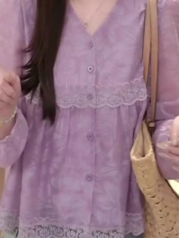 루즈핏 플로럴 롱 슬리브 V넥 여성 캐주얼 편안한 핏 어깨 라인 디자인 여름 상의 큰 사이즈