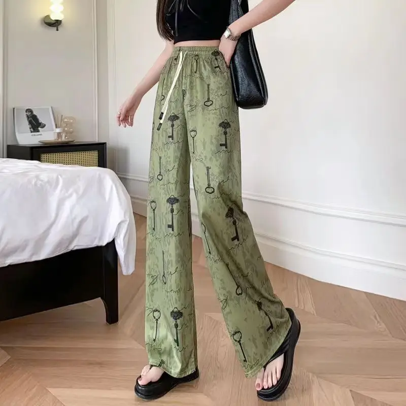 

Women's Summer Youth Energetic Style Drawstring Elastic High Waisted Printed Tie Dye Loose Straight Fashionable Wide Leg Pants