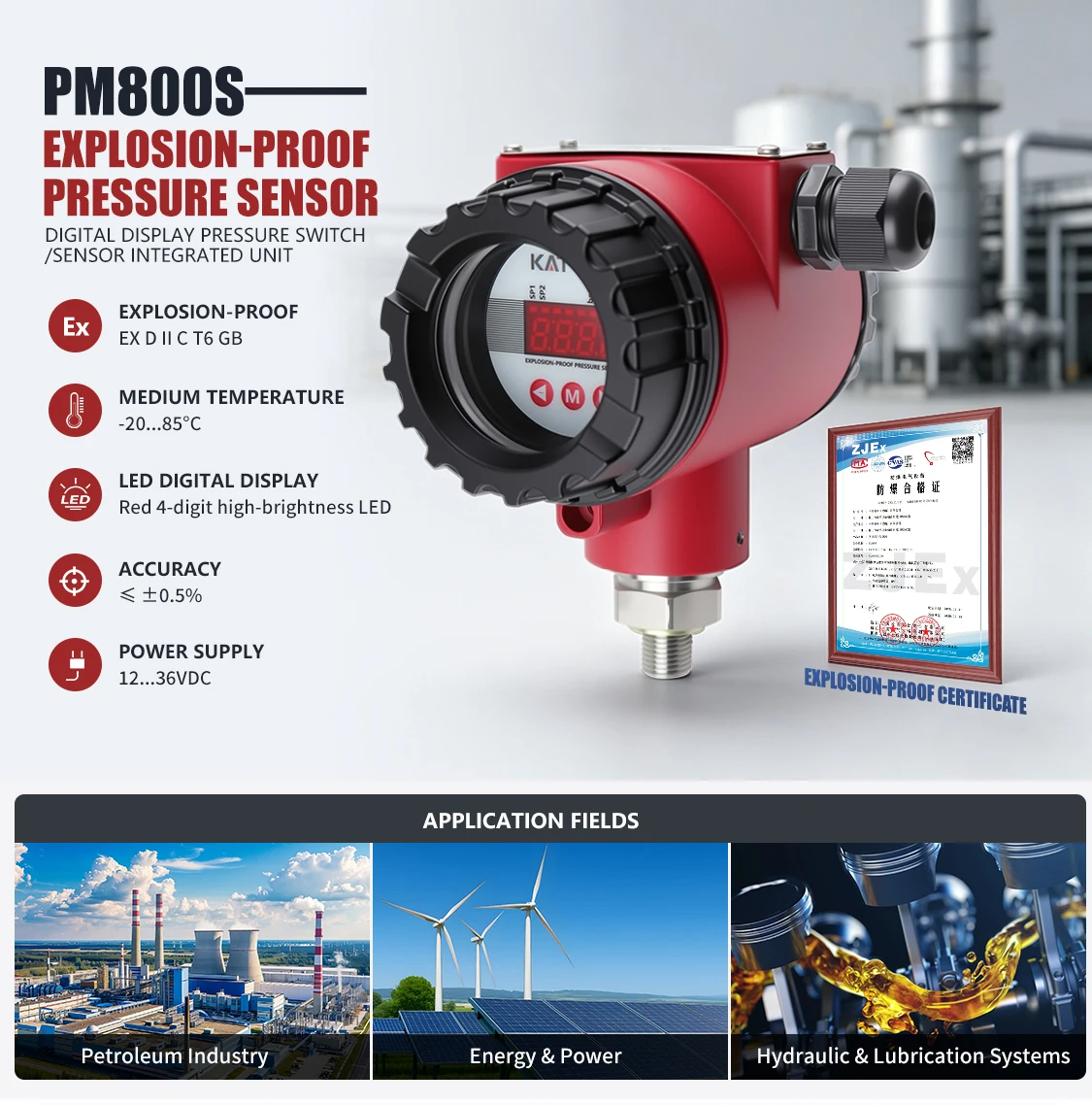 PS800S ATEX Certified Pressure Controller PM800S IP57 Rated 0.5% FS Accuracy PNP/NPN Programmable NC/NO for Oil Extraction