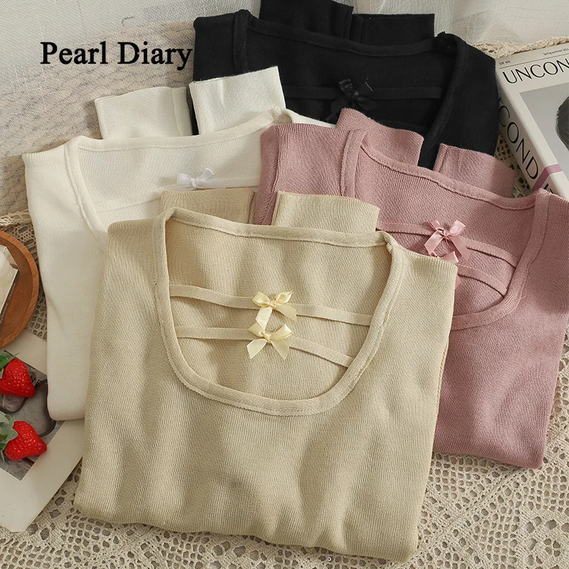 Pearl Diary Autumn New Bowknot Adorn O-Neck Shirt Fashion Sweet Style Knitting Tops Women All-Match Slim Thin Long Sleeve Tops