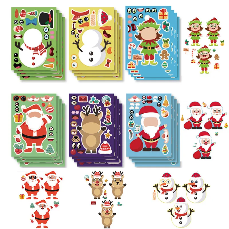 6/12/24Sheets Kids DIY Stickers Classic Make Your Own Christmas Tree Santa Face Jigsaw Sticker Party Puzzle Toys Boys Girls Gift