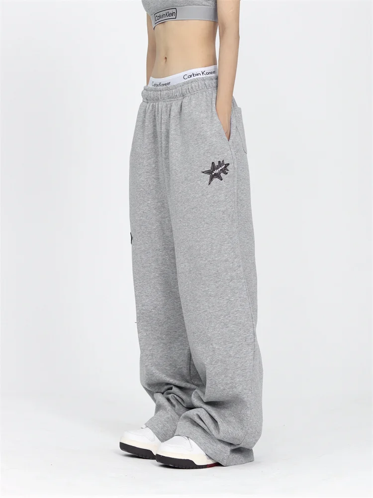 QWEEK Y2K Vintage Star Sweatpants Women Harajuku Retro Streetwear Patchwork Jogger Pants Oversized Hip Hop Gray Sports Trousers