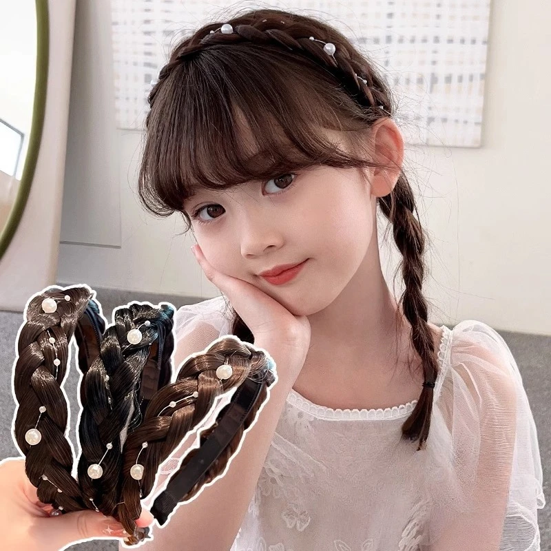 

Realistic Pearl Braid Headband for Girls Kids Fake Hair Clip with Twist Bun Holder Toddler Princess Hair Accessories 3-10 Year