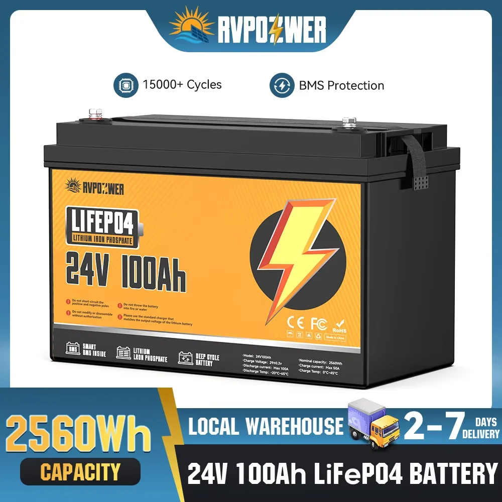RVPOZWER 24V 100Ah 2560Wh LiFePO4 Lithium Iron Phosphate Rechargeable Battery with Built-in Smart BMS, 15000+ Deep Cycles & Low Self-Discharge LFP Storage Battery for RV, Marine Vessel, Trolling Motor, Off-Grid Solar, Home Energy Storage
