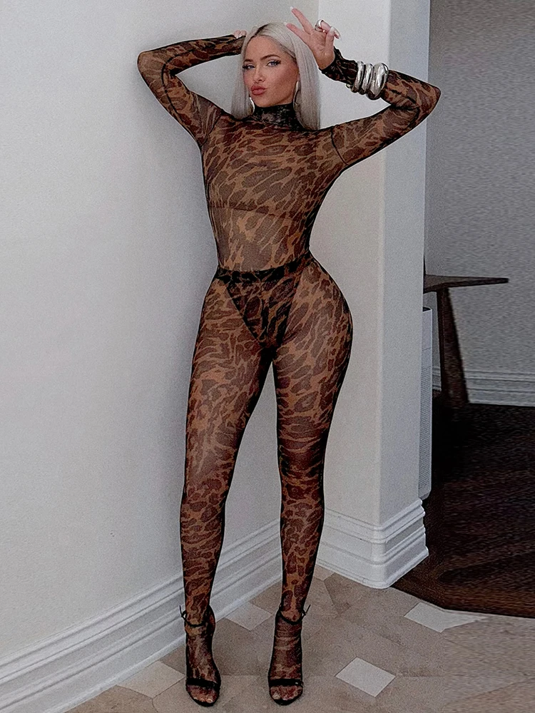 

Insglas Wild Leopard Print Mesh 2 Piece Set Women Turtleneck Full Sleeve Bodysuit+Skinny Peach Hip Long Pants Sexy Style Suit