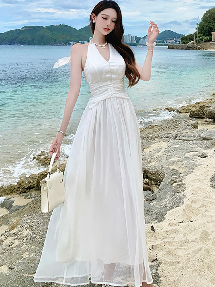 2025 Nowa Biała Elegancka Sukienka Damska z Kokardą na Szyi, Seksowna Długa Sukienka Luksusowa Sukienka z Diamentami Letnia Koreańska Moda Obcisła Sukienka Wieczorowa