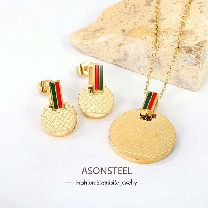 ASONSTEEL French Red Green Striped Rhombus Pattern Pendant Necklce Earrings For Women Men Creative Stainless Steel Jewelry Set