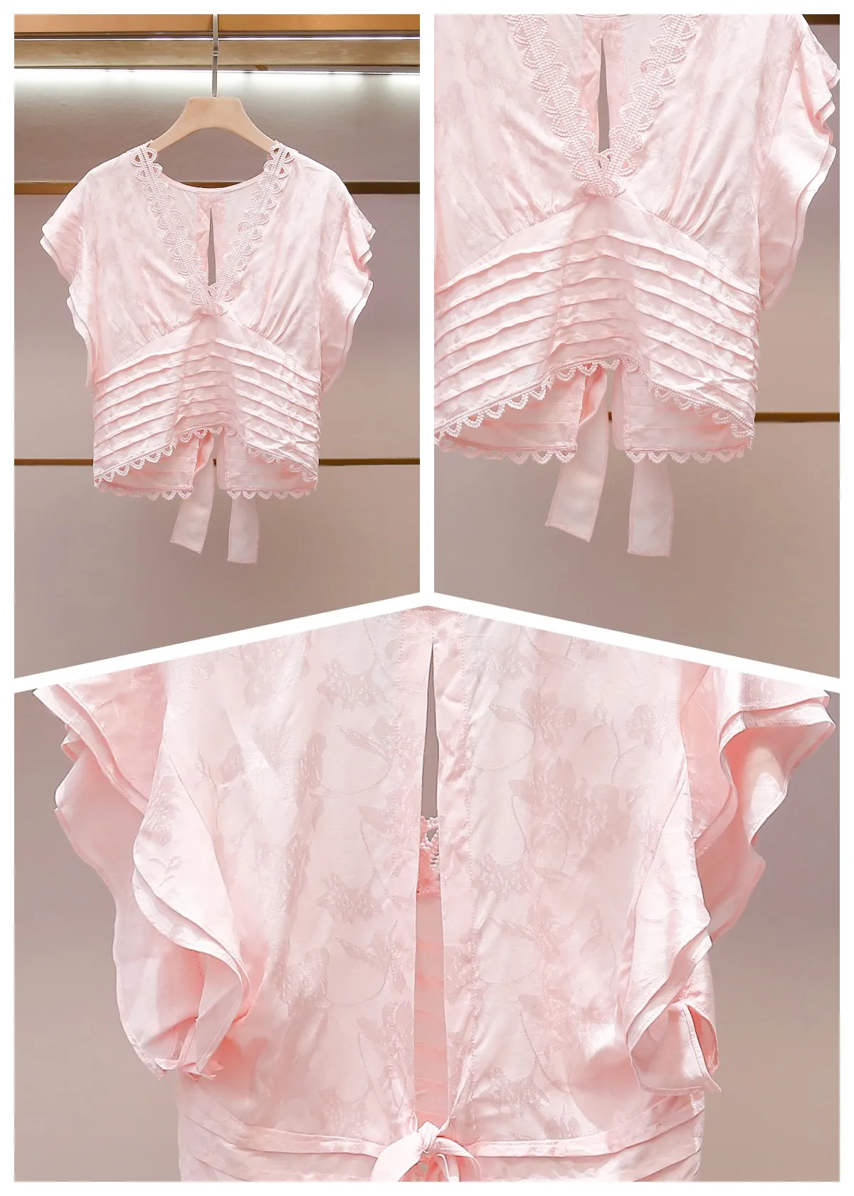 

2026 Summer New Women V-Neck Pink Shirt Tops Lace Hollow Out Double Layered Ruffled Fly Sleeves Lady Back Lace-Up Blouse
