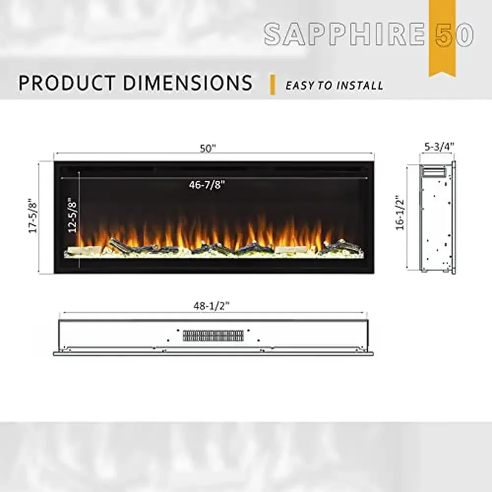 Sapphire Electric Fireplace with Various Flame Color Combinations Recessed Installation Remote Control Faux Log Set Included