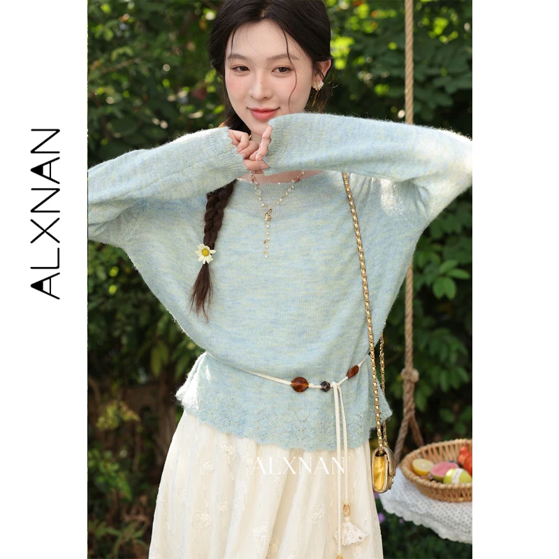 

ALXNAN Blue-Green Pullover Elegant Loose-fit Casual Long Sleeve Knit Sweater 2026 Spring Ladies Clothing with Waist Rope L61912