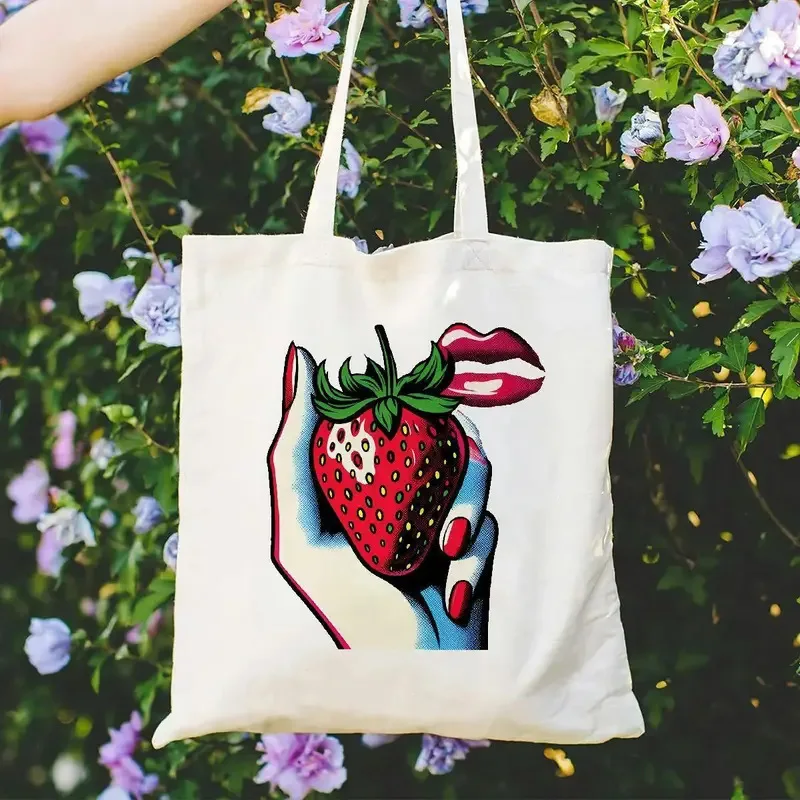 

Fruit Print Women Canvas Shoulder Bag Strawberry Art Print Tote Bag American Retro Sexy Lip Book Bag Reusable Shopping Bag