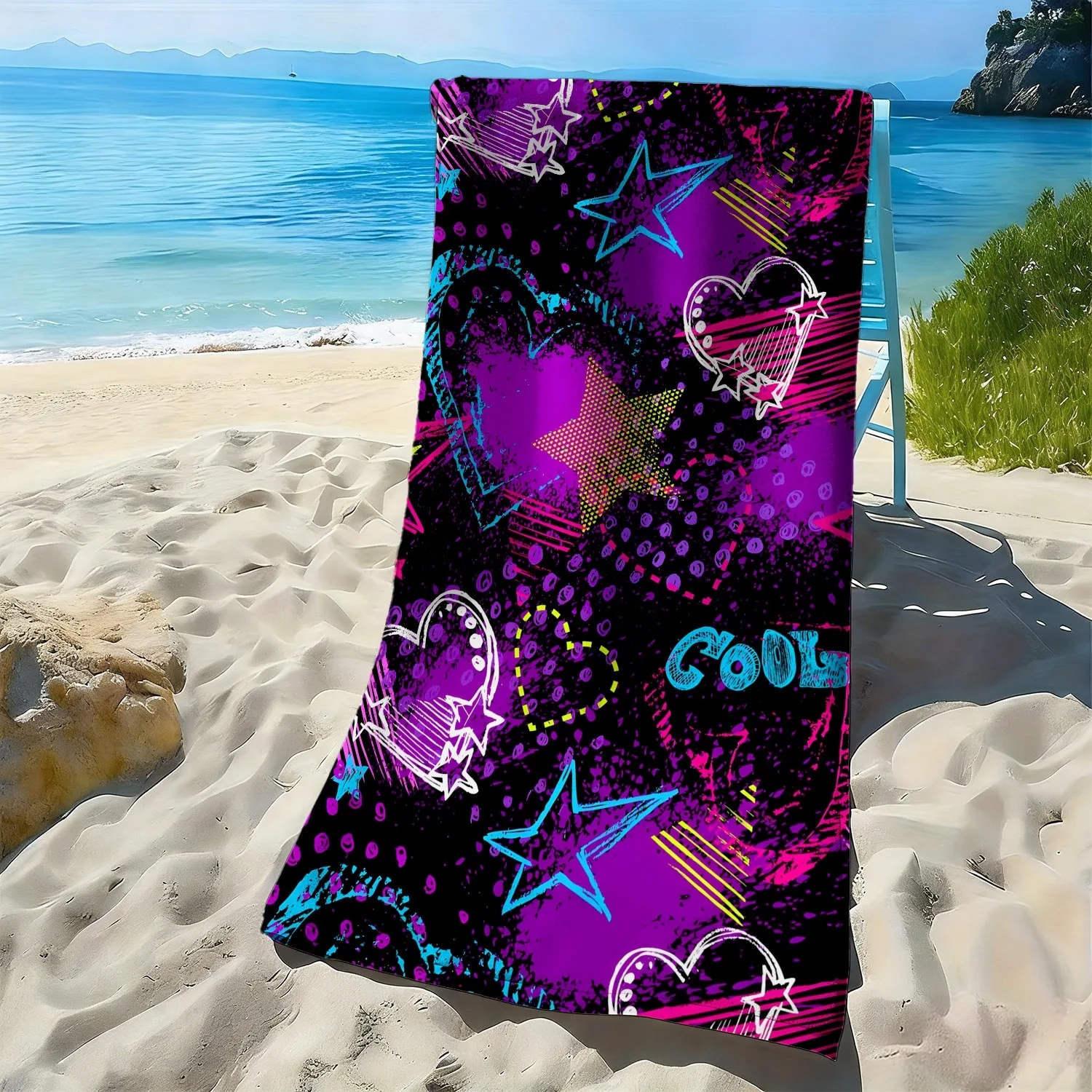 

Trendy star and heart pattern polyester microfiber beach towel is highly absorbent, suitable for swimming and beach outings