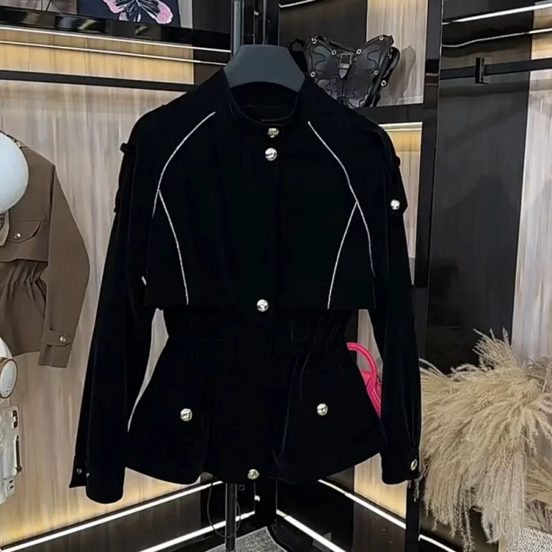 Fashion Stand Collar and Bright Line Waist-hugging Long-sleeved Jacket for Women's Autumn New High-end Versatile Top