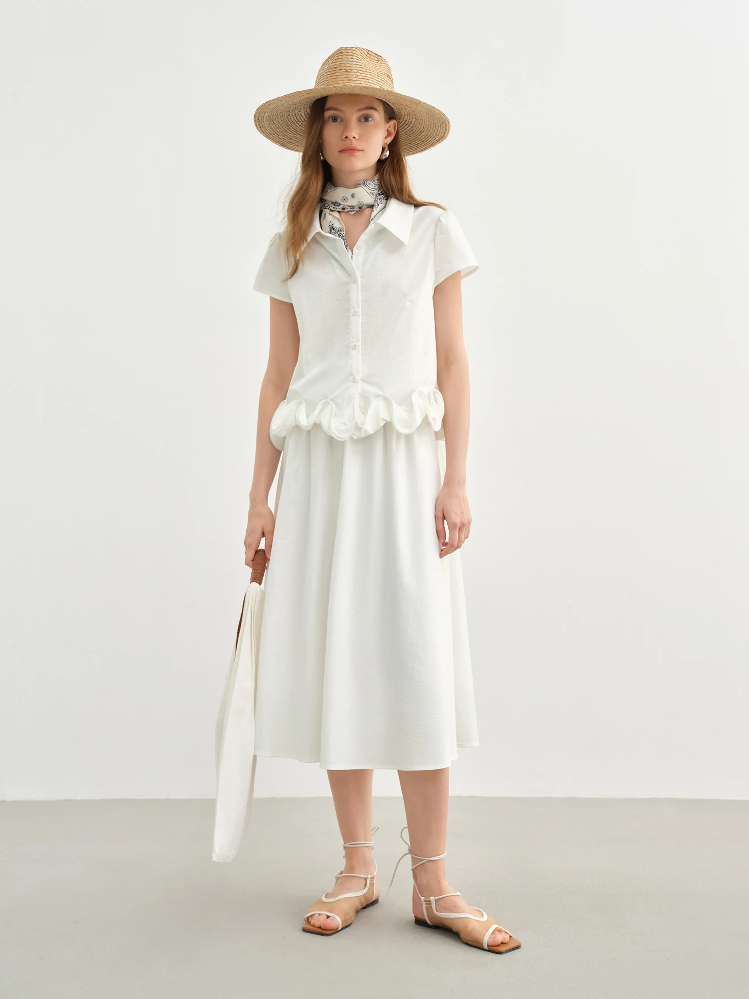 

DUSHU Plus-size Women's Fashion Set 【White Camellia】 Ruffled Stylish Elegant Top and Half Skirt Summer New 25DS82486+25DS82487