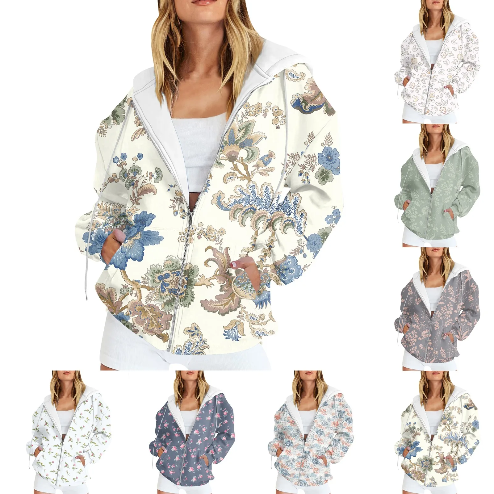 Women's Fashion Casual Floral Printing Sports Sportswear Autumn Winter Long sleeved Pocket Cardigan Jacket Zipper Hoodie Jacket