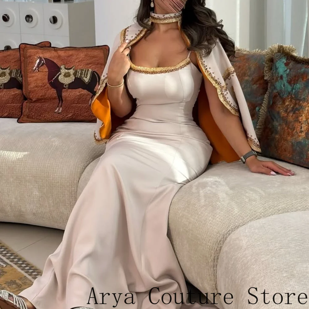 Customized Luxury Wedding Guest Dress Square Neck Gold Beaded Trim Fitted Mermaid Sweep Train Matching Cape With Embroidered