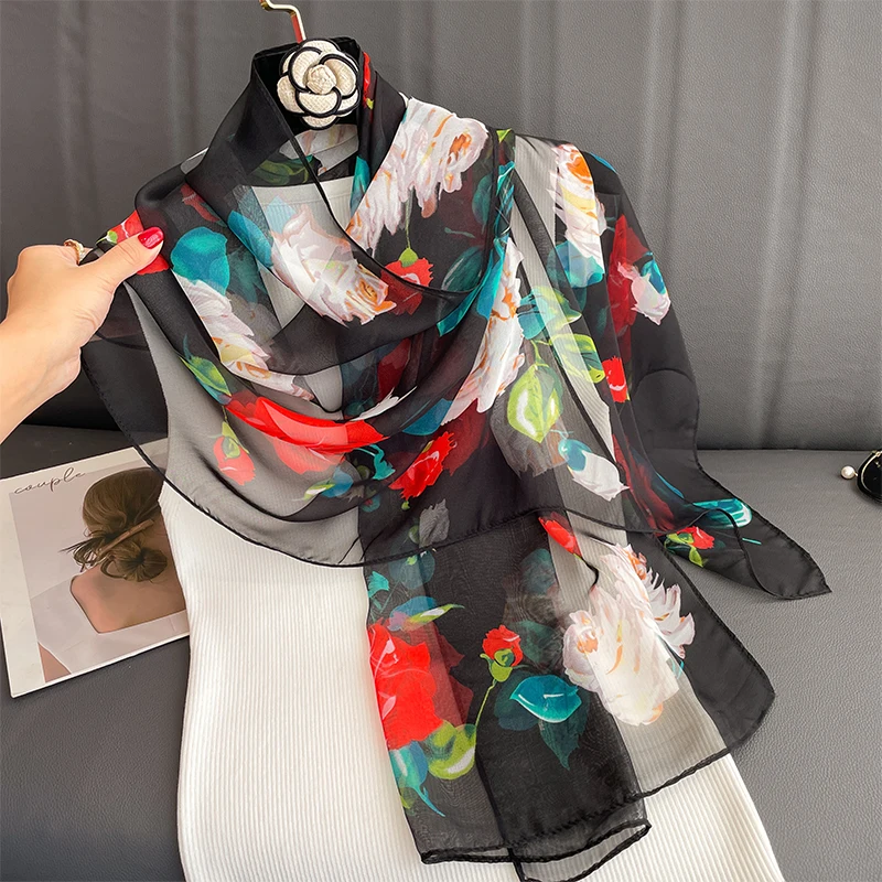 Luxury Brand Women Beach Scarf Georgette Silk Shawls Design Print Headband Female Summer Headband Wraps Sunscreen Hijab 2023