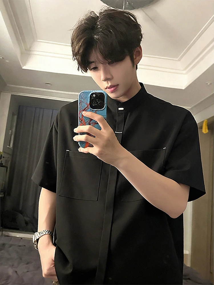 

New Chinese Sle Bla Ice Silk ort Sve irt Men's Engagement Summer Stand Collar irt Premium Feel Five f Sves