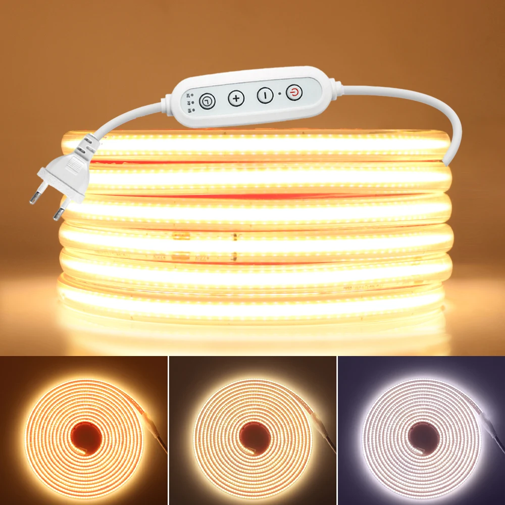 

Dimmable COB LED Strip Light 220V 230V Bright Dimmer EU Plug Kit 3000K 4000K 6000K Flex Tape Waterproof 288Leds Room Decoration