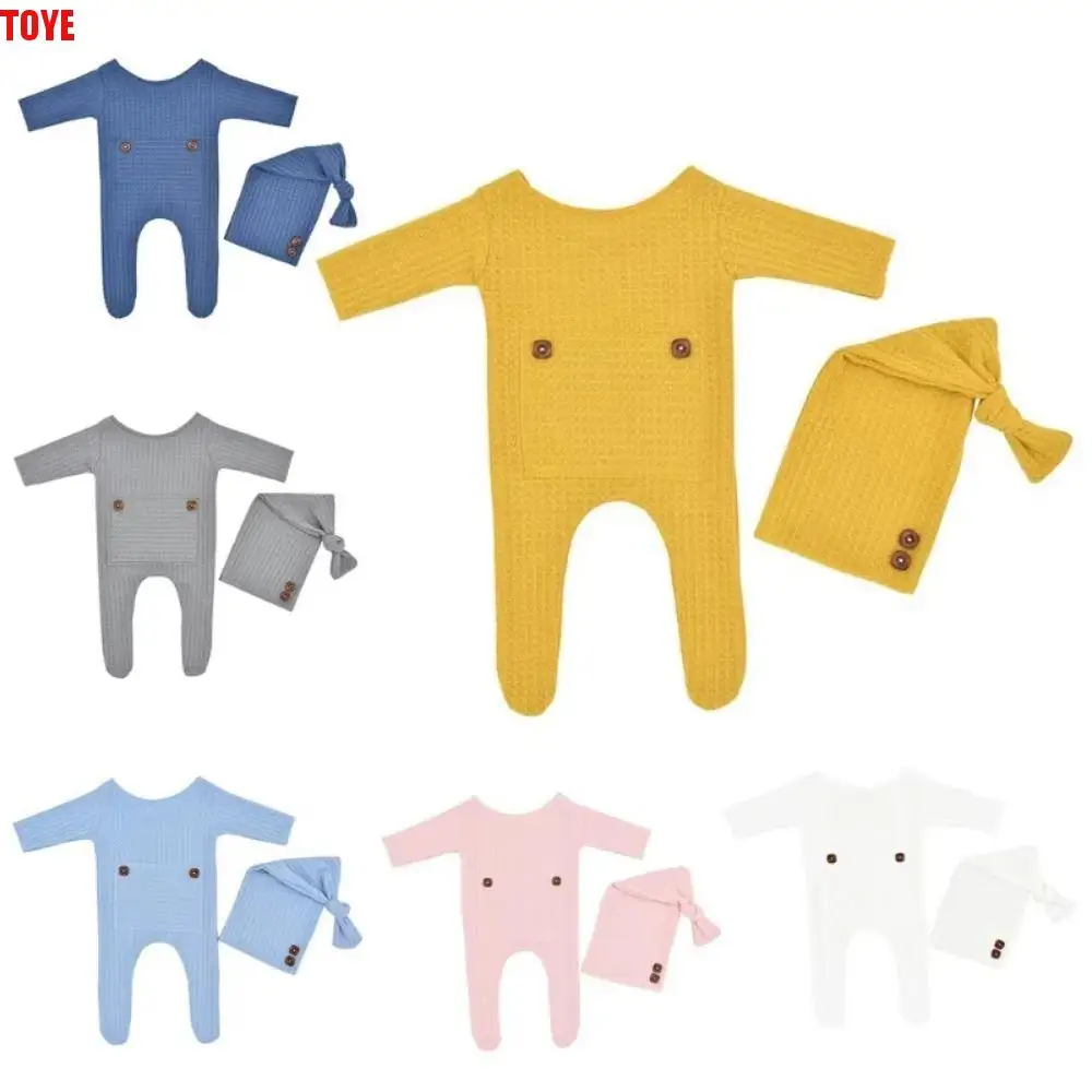 

2Pcs/Set Creative Newborn Photography Props Crochet Knit Buttons Newborn Prop Set Solid Color Long Tailed Hat