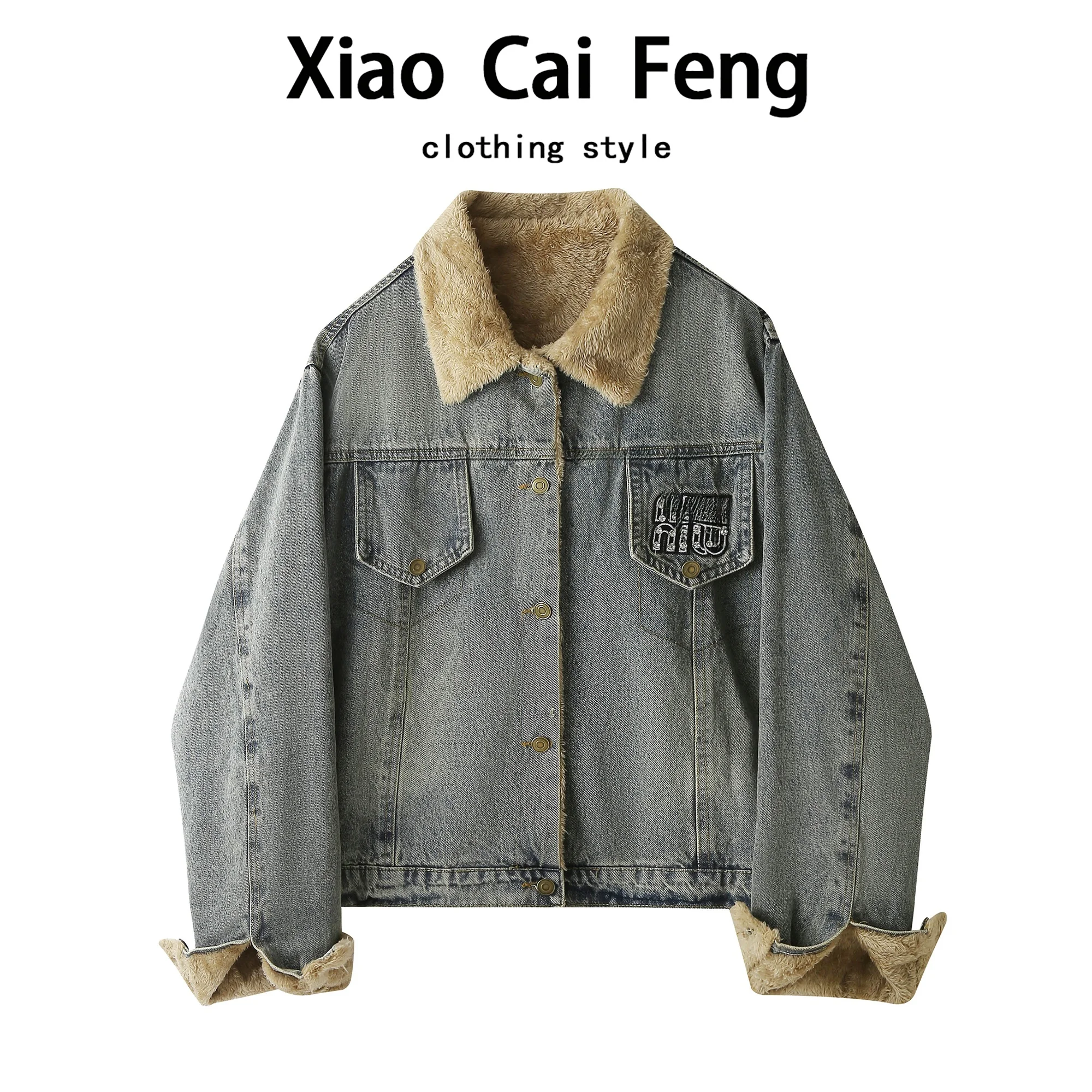 

Faionable ort Denim Jaet Women's Fce Lined Thiened Letter Jaet Autumn Winter New Sle eepskin Inner Coat