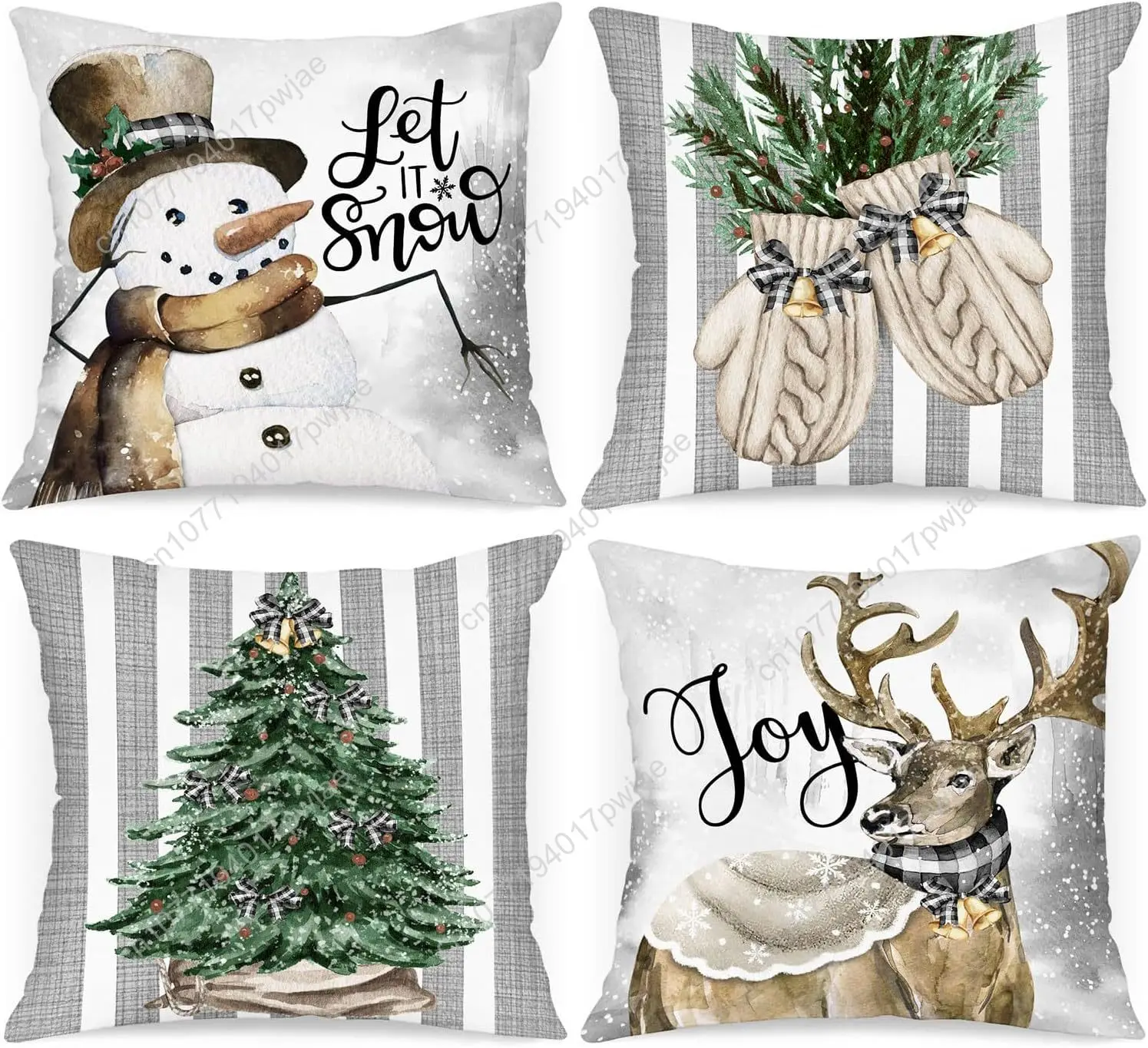 

Lanpn Winter 18x18 Christmas Throw Pillow Covers Set of 4, Xmas Snowman Gloves Elk Eucalyptus Winter Decorative Holiday Pillow C