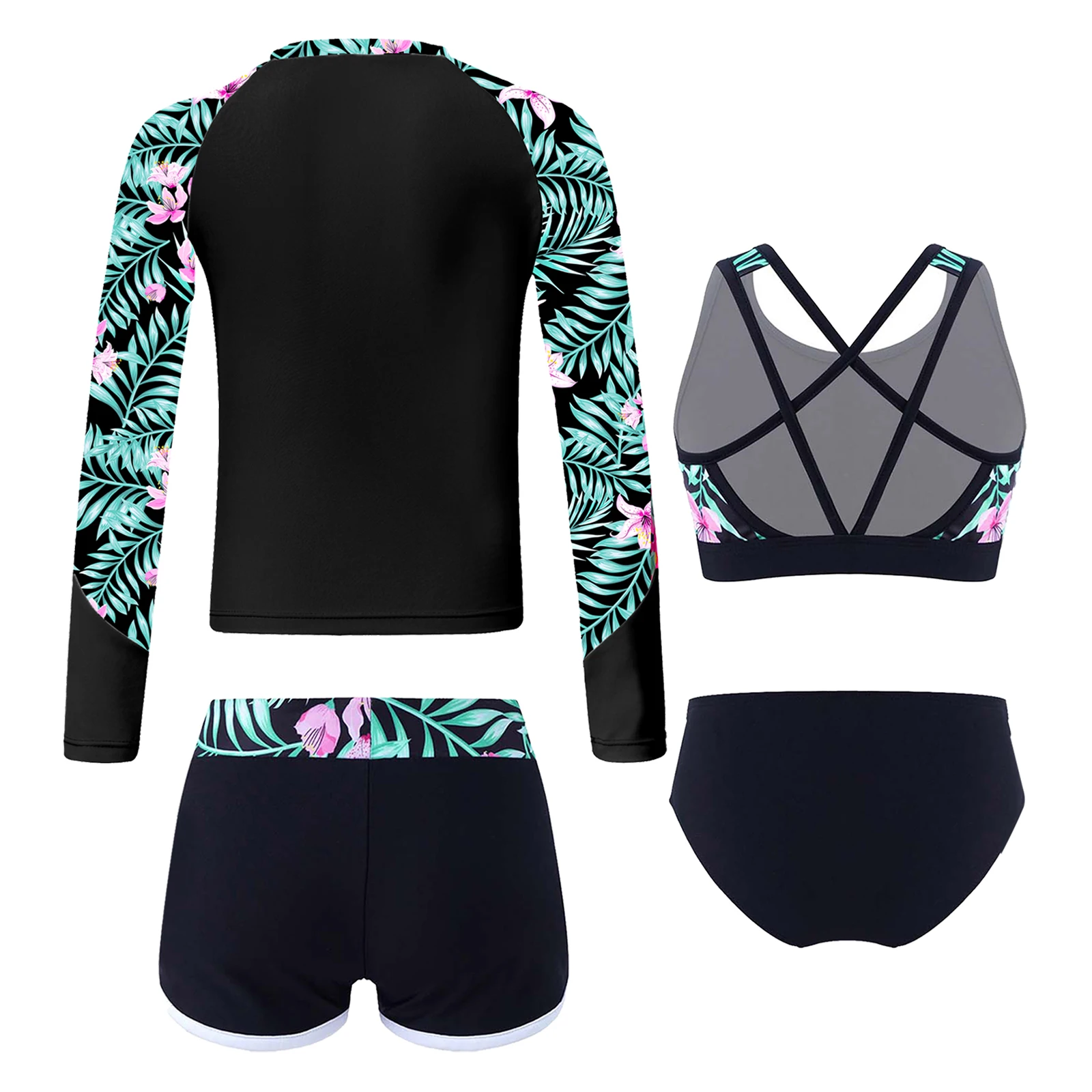 Kids Girls 4-Piece Swimsuit Long Sleeve Rash Guard Tankini Sets Summer Beach Bathing Suit Boyshorts Sports Surfing Beachwear