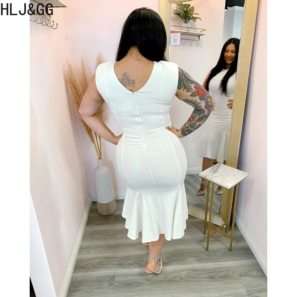 HLJ&GG White Sexy Solid Color Bodycon Splicing Large Hem Ruffled Dress Women Round Neck Sleeveless Slim Vestidos Female Clothing