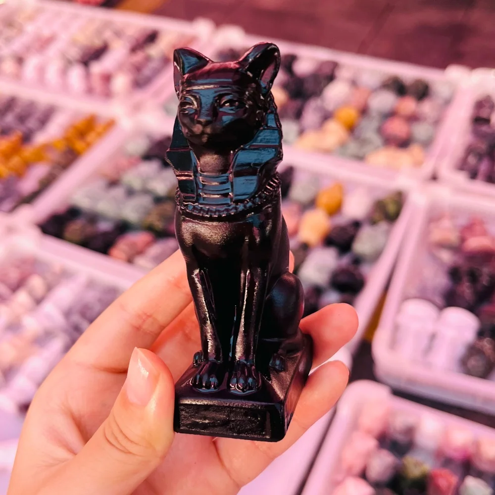 Natural Black Obsidian Bastet Cat Goddess Carving Crystal Figurine Healing Stone Desktop Altar Ornament Home Decoration