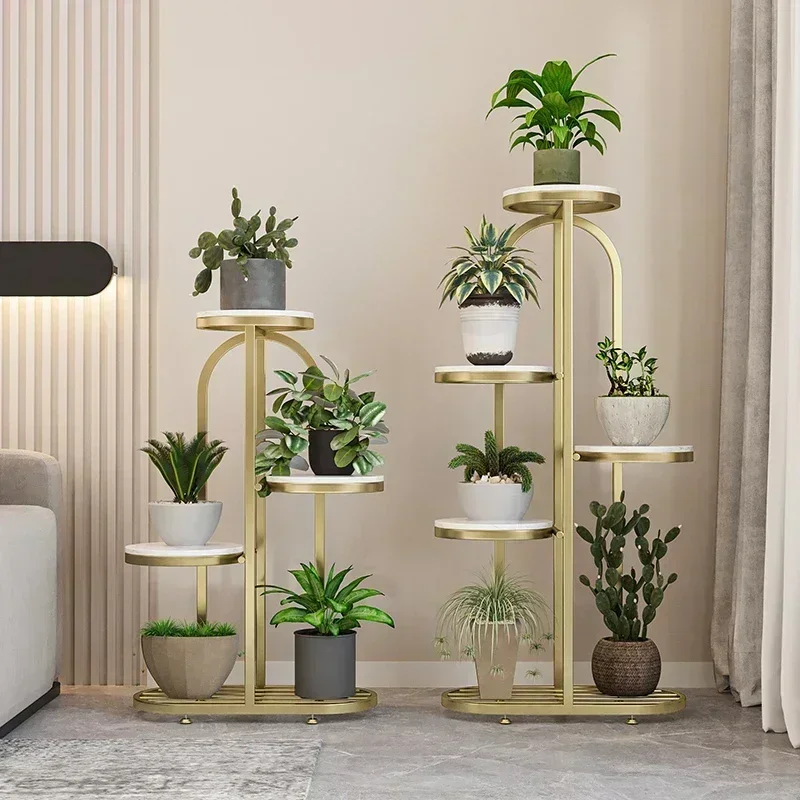 Soporte de metal antiguo para exhibición de flores en interiores, soporte de suelo de varios niveles para flores, muebles dorados para comedor y balcón