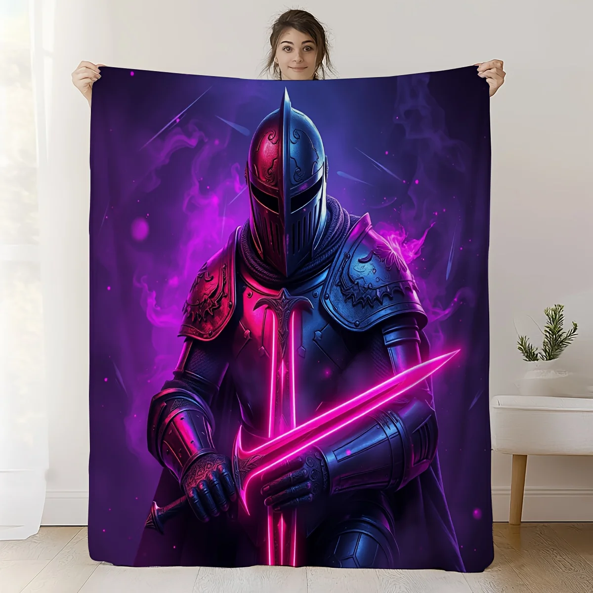 1pc Steampunk Knight Blanket - Soft Flannel Bedspread with Glowing Sword Design in Purple, Pink, Blue, Black, and Neon Accents -