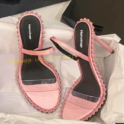 Sandali con tacco estivo bordato in cristallo sandali con scollo a barchetta rosa da donna trasparenti nuovo arrivo sandali eleganti con tacco alto sottile