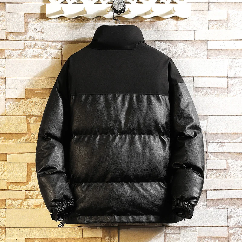 Streetwear Oversize Stand Collar Men's Warm Winter Jacket Solid Color Harajuku PU Parka Fashion Casual Winter Coats