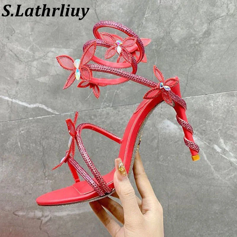 

Crystal Butterfly Open toed Sandals Women's Stiletto High Heels Serpentine Wrapped Gladiator Sandals Summer Party Dress Shoes