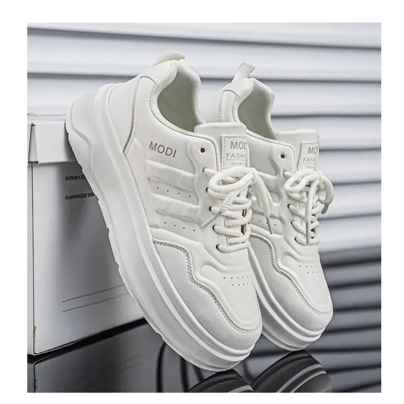 Men's Premium Leather White Casual Board Shoes 2026 Summer Trendy Platform Sneakers Height Increase Daily Street Style